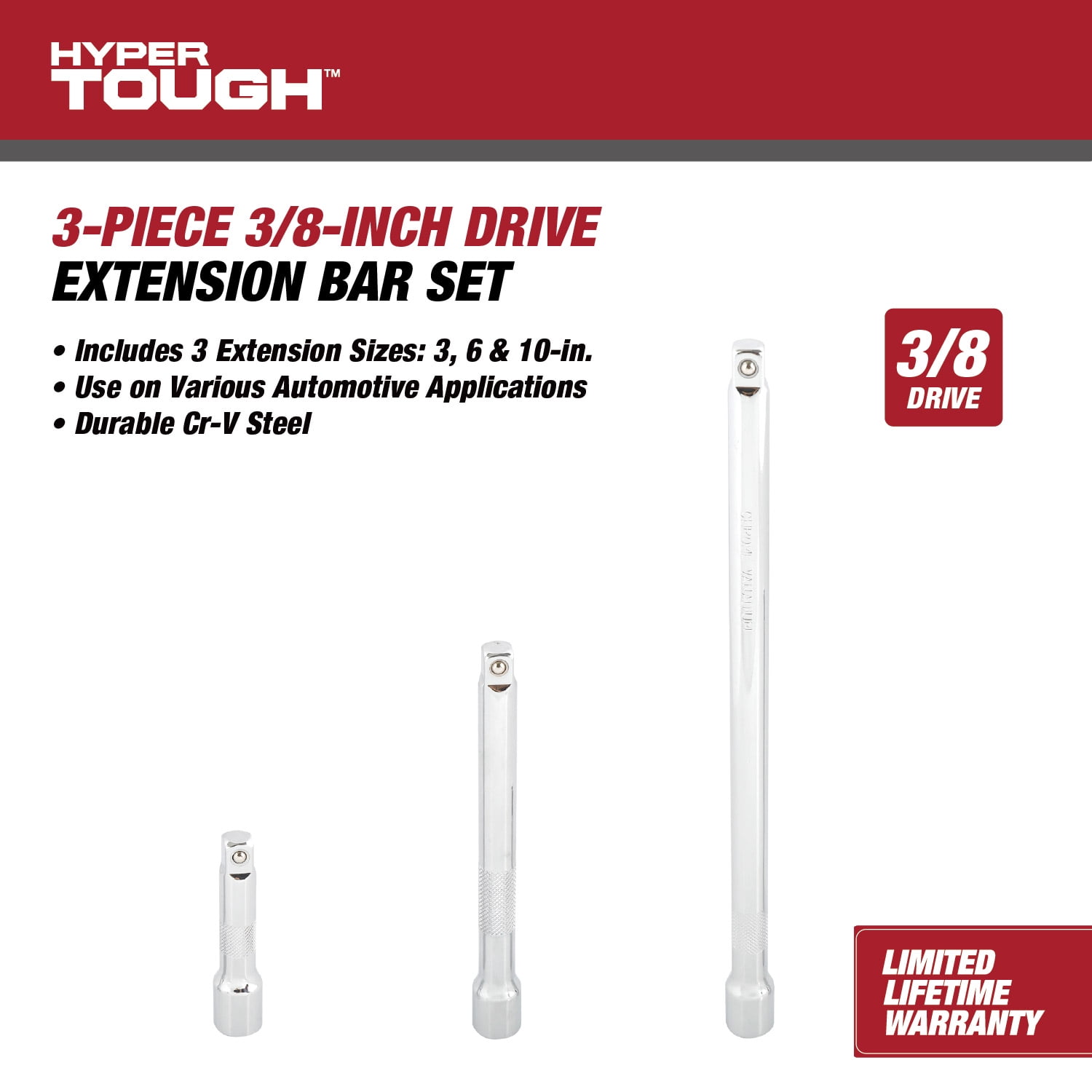 Hyper Tough 3/8-inch Socket Extension Set, 3, 6, & 10-inch