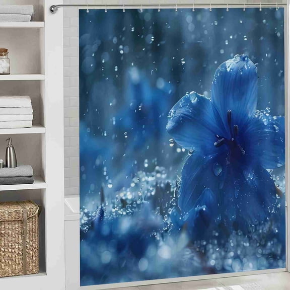70x70 inch Dark Blue Floral Water Drop Shower Curtain, Waterproof Polyester Fabric with Hooks for Modern Bathroom
