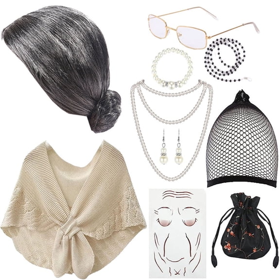 Kids Old Lady Costume 100th Day of School Costume Granny Grandma Costume Cane Wig Glasses Pearl Necklace