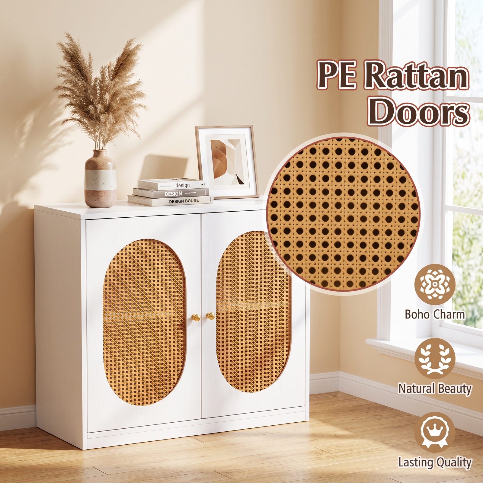 Furnibear Buffet Cabinet Rattan Storage Cabinet with 2 Doors and Adjustable Shelf for Kitchen Dining Living Room Buffet Storage Server, White