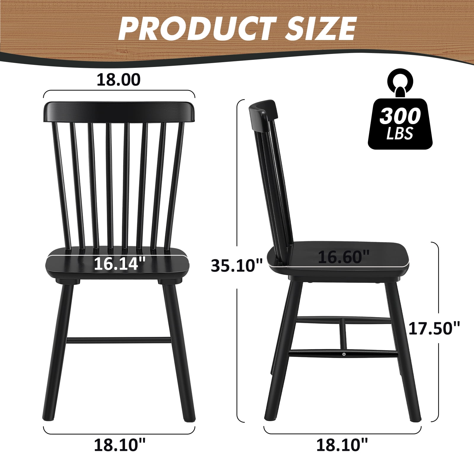 ClinQ Wooden Windsor Dining Chair Set of 4, Spindle Back, Armless, Farmhouse Kitchen and Dining Room Seating, Black