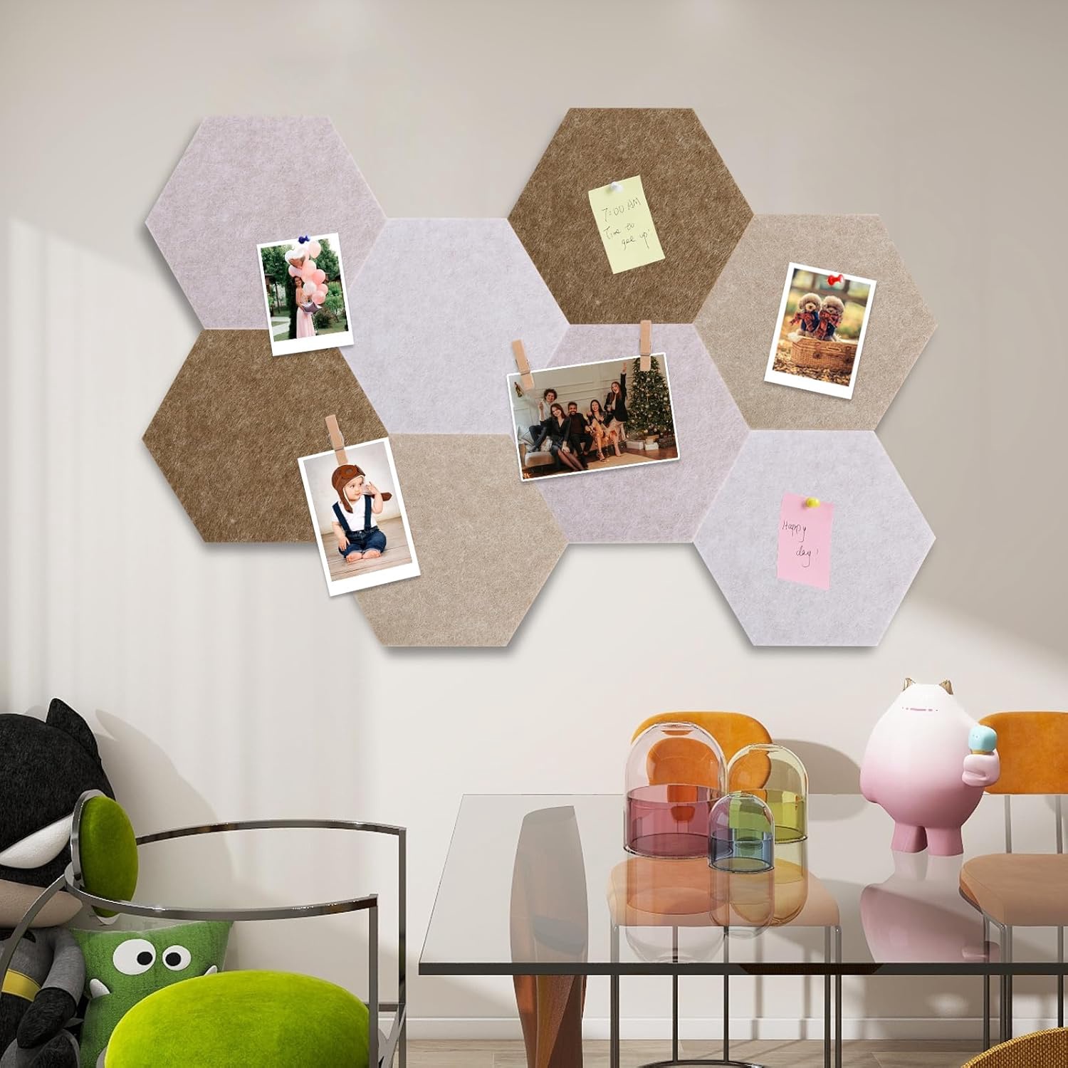 8 Pcs Hexagon Bulletin Board with 50 Pushpins & 10 Wooden Clip Pins Adhesive Cork Board for Wall，Felt Pin Board for School，Office Decor（Wood Brown）