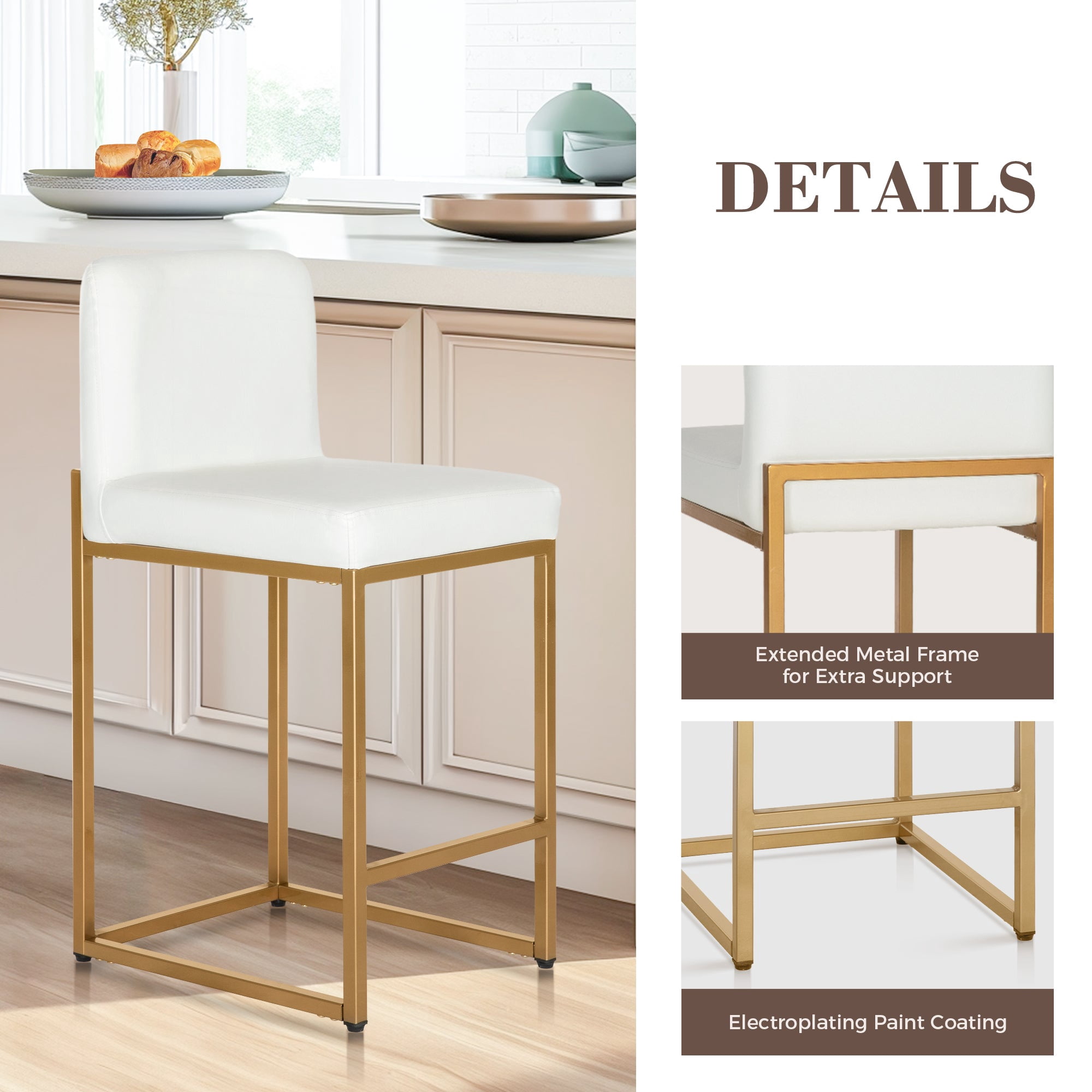 SUMMIT LIVING 24" Counter Height Bar Stool Set of 3, Faux Leather Upholstered Bar Stool with Back, White