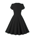 thumbnail image 3 of XFLWAM Women's 1940s Vintage A Line Swing Dress Keyhole Tie Short Sleeve Dress Crew Neck Solid Color Work Dress Cocktail Party Dresses Black XXL, 3 of 3