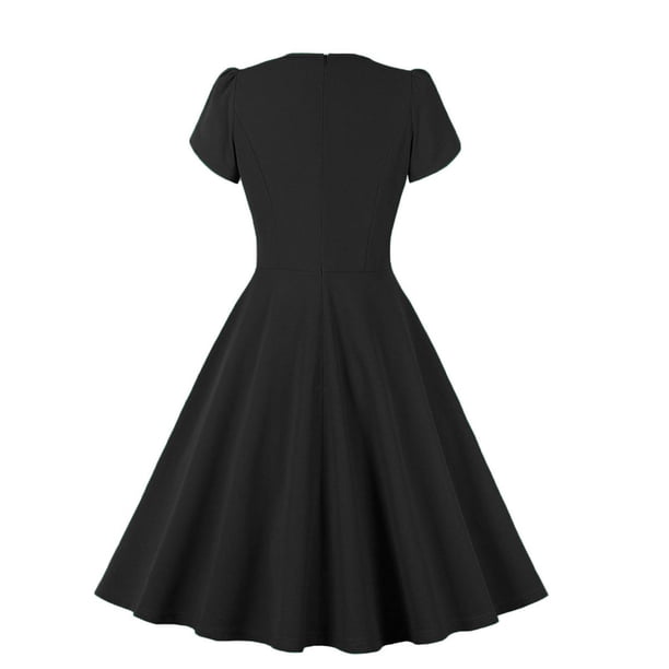 1940s black tie dress XFLWAM Women's Vintage A Line Swing Keyhole Short Sleeve Dress Crew Neck Solid Color Work Dress Cocktail Party Dresses M Evening dresses