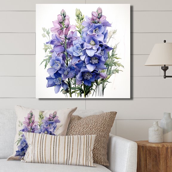 Designart "Bouquet of Blue and Purple Delphinium Flowers III" Floral Wall Art - Traditional Purple Delphinium Bedroom Canvas Wall Art