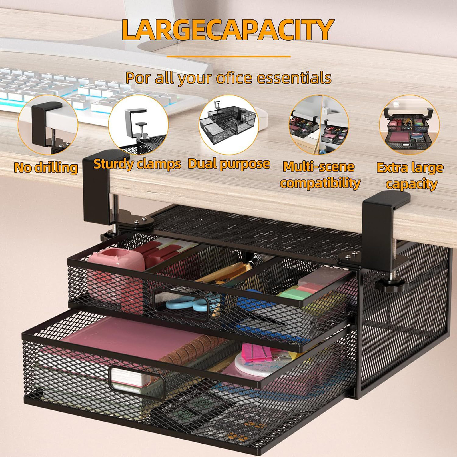 Under Desk Organiser with 2 Sliding Drawers Multifunctional Double Layer Storage Rack Space Saving Two Tiers Basket