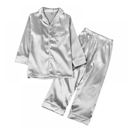 

Toddler Kid s Boys Girls Long Sleeve Satin Silk Pajama Set Sleepwear Nightgown 2-Piece