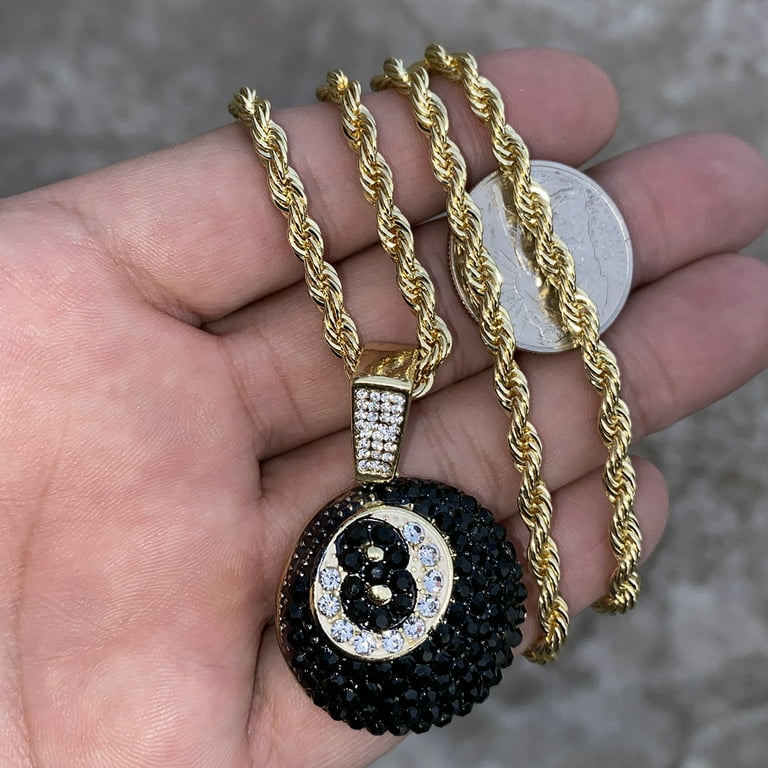 14k Gold Plated Black 8 Ball Rope Chain Iced Eight Charm Pool