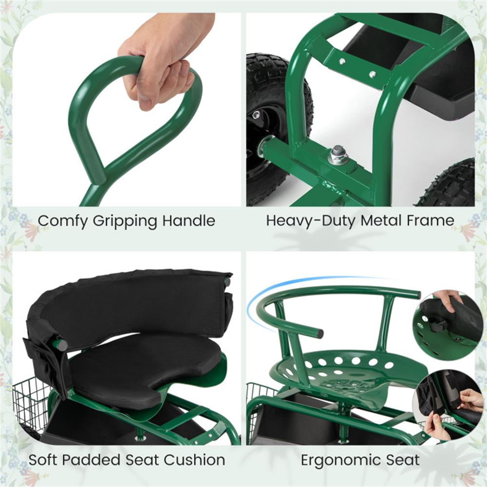 Resenkos Garden Utility Wagon Cart, Farm Wagon Cart,Cushioned Rolling Garden Cart Scooter with Storage Basket and Tool Pouch-Green