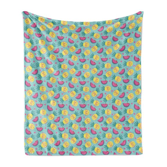 Summer Soft Flannel Fleece Blanket, Nerd Pineapple Faces Along Smart Girly Smiling Watermelons Exotic Friend, Cozy Plush for Indoor and Outdoor Use, 50" x 70", Pink Mustard Turquoise, by Ambesonne