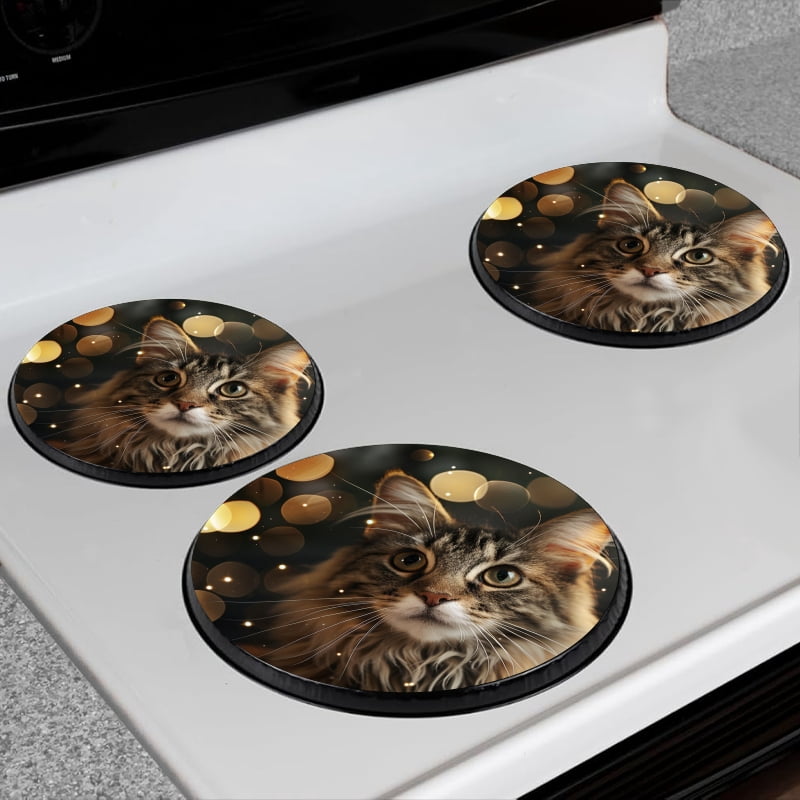 Bahomeck Gas Stove Burner Cover Set Of 4,Adorable Cat With Soft Fur And Big Eyes Metal Electric Stove Burner Covers,Protecting Gas Stoves,Kitchen Decor，8 Inch And 10 Inch