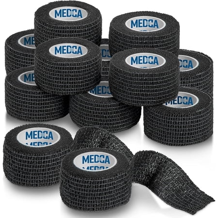 Self-Adherent Cohesive Bandage - Pack of 12 Rolls - 1" Wide x 5 Yards - Athletic Sports Tape for Medical Use, Sports, First Aid and Helps Protect Skin, Black