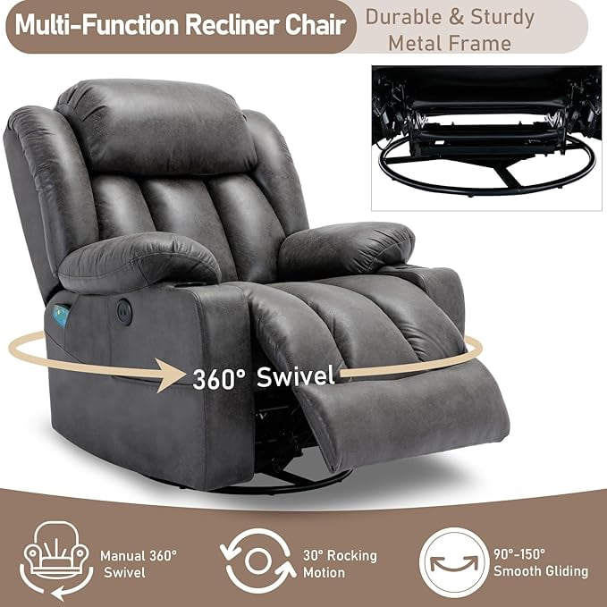 EPICOZY  360° Swivel Rocker Recliner Chair with Heat and Massage, Manual Glider Rocking Reclining Chair, Swivel Overstuffed Lounge Reclining Chair with 2 Cup Holders, Side Pockets & USB Ports, Grey