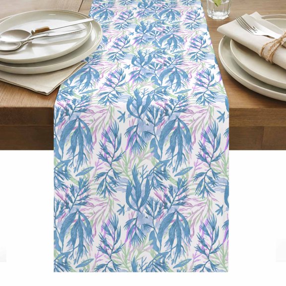 Blue Leaf Table Runner - 70 Inch Long, Kitchen Dining Table Runner Dresser Scarves, Ocean Seagrass Coastal Leaf Watercolor Farmhouse Decor for Coffee Tables Wedding Party Banquet