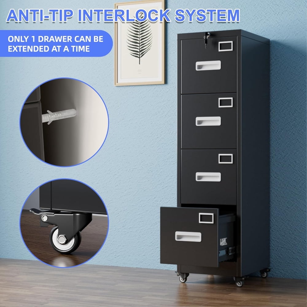 4 Drawer Vertical File Cabinet, Lockable Mobile Storage with Wheels, for Office & Home Use, Assembly Required, Black