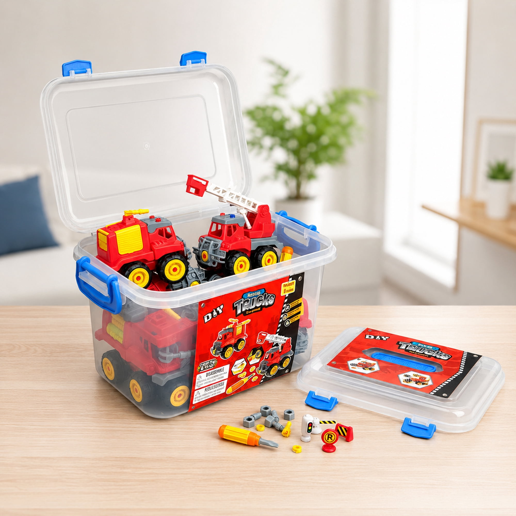 Take Apart Fire Truck Toy Set for Kids Ages 3+, DIY Rescue Vehicle Building Kit with Screwdriver, Traffic Signs & Storage Case