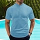 thumbnail image 1 of Blusa y camisa de manga corta con cuello alto para hombre, color liso, informal, con botones, de poliéster., 1 of 6