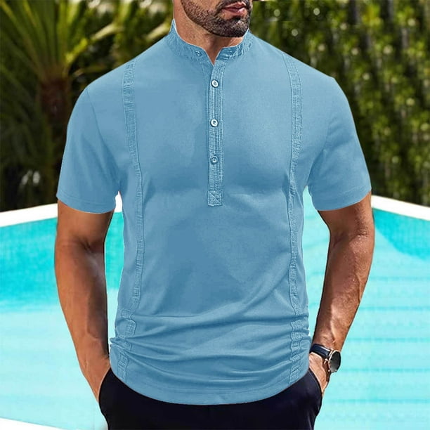Blusa y camisa de manga corta con cuello alto para hombre, color liso, informal, con botones, de poliéster.