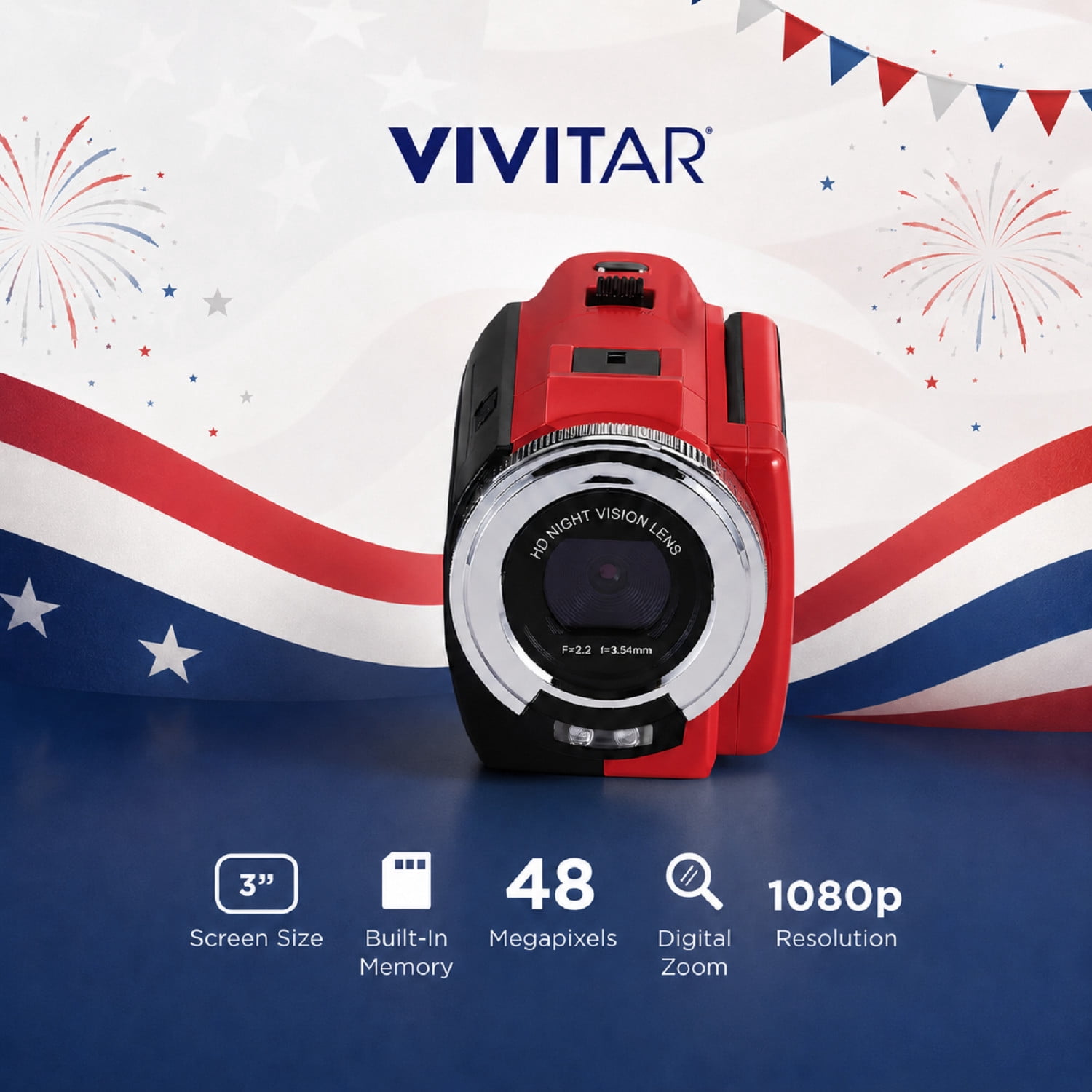 Vivitar PopCam America 250 Digital Camcorder – USA Celebration Edition, Old Glory Red, 48MP, Full HD 1080P Video, 3" Flip Screen, 16X Digital Zoom Camcorder with Built-in Mic for Vlogging & Travel