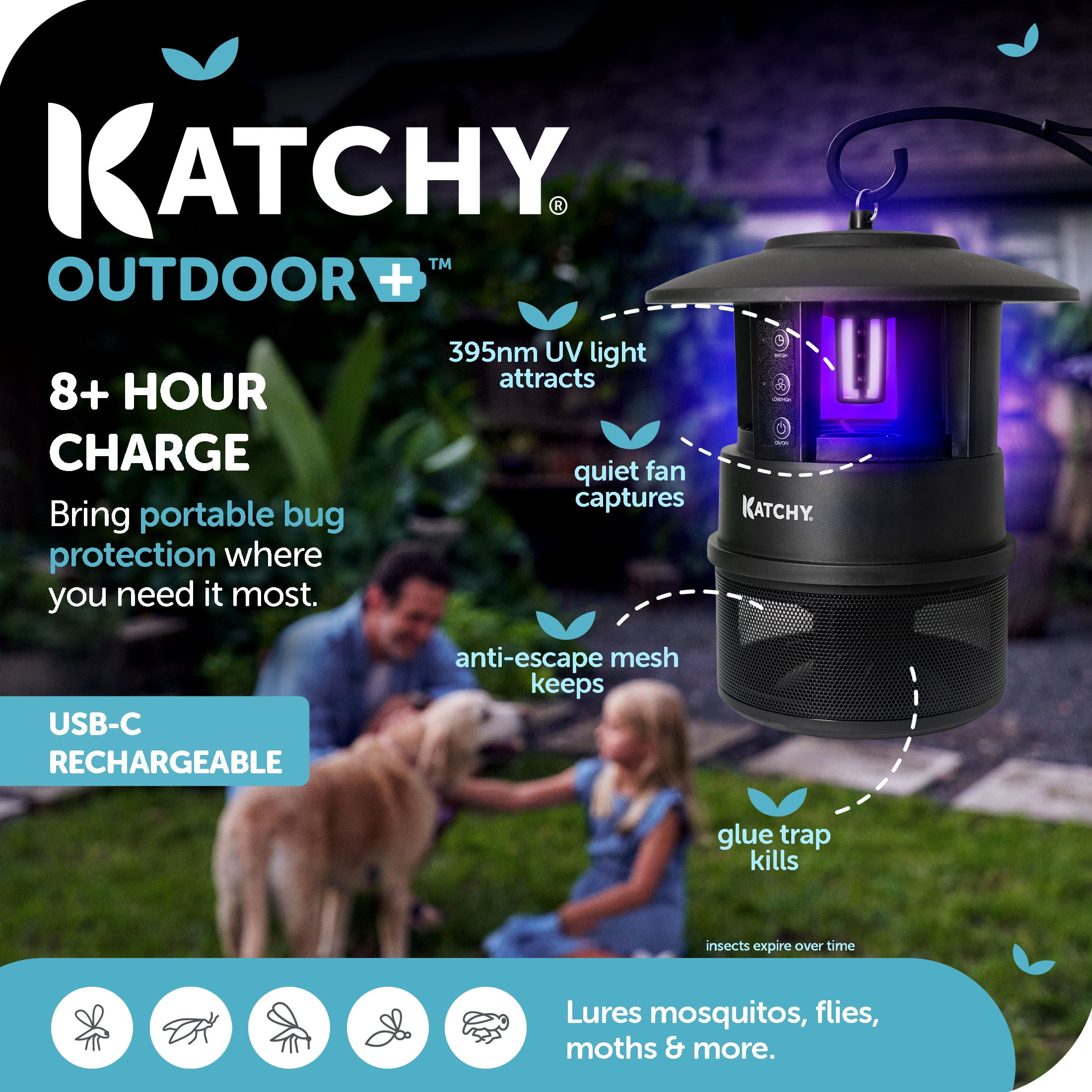 Katchy Outdoor + with Rechargable Battery Insect Trap - Fan Powered with UV Light - for Fruit Flies, Gnats, Mosquitoes, Moths