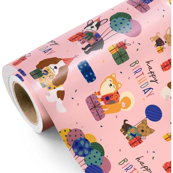 Dog Birthday Wrapping Paper Roll - Pink Puppy Design