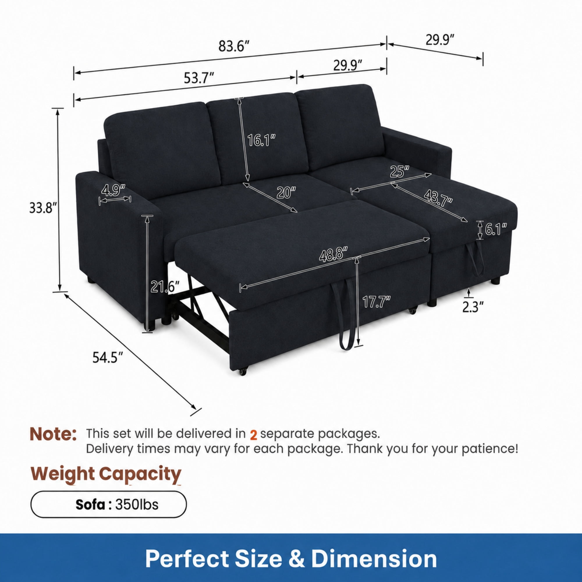 TiramisuBest L-Shaped Convertible Sofa Bed with Reversible & Storage Chaise,84"W Fluffy Flannel Sectional Sleeper for Living Room,Black