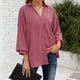 thumbnail image 2 of Camisa de mujer con cuello en V, mangas abullonadas, botones, color morado y rojo, largo tres cuartos, talla M, 2 of 6