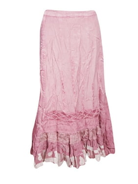 Mogul Women Long Ruffle Skirt Pink Stonewashed Embroidered A-line Peasant Skirts S/M