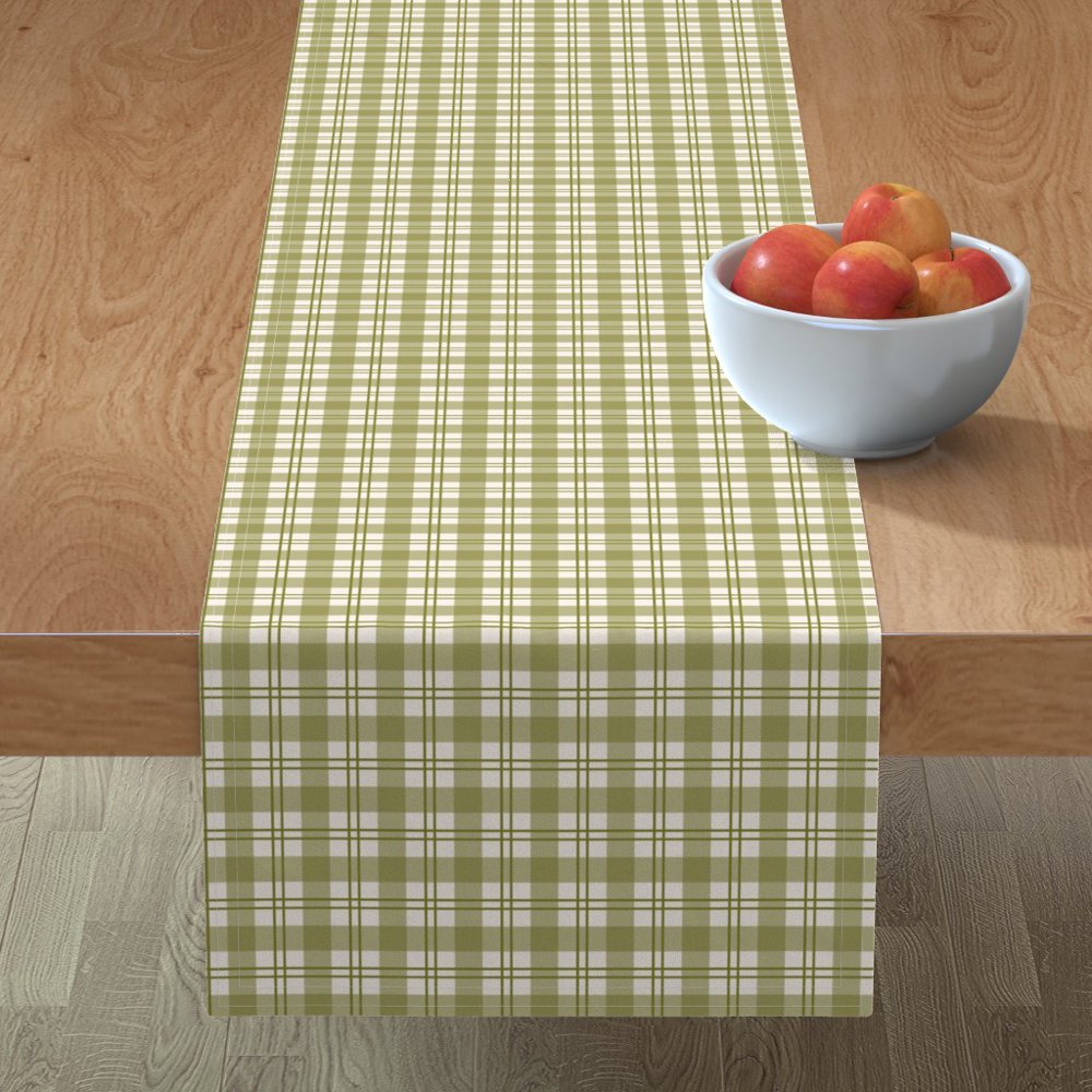 Table Runner Green Olive Plaid Fall Harvest Cotton Sateen
