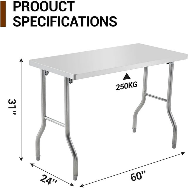 Commercial-Worktable Folding Workstation Stainless-Steel Heavy-Duty 60 x 24 Inch with 220 lbs Load, Silver Stainless Steel Kitchen Island,Kitchen Work Table
