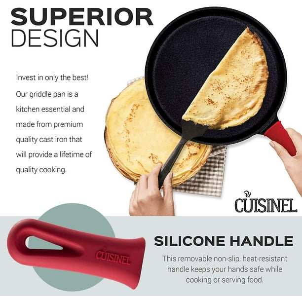 Cuisinel Cast Iron Round Griddle - 10.5 Crepe Maker Pan + Silicone Handle  Cover - Pre-Seasoned Comal for Tortillas Flat Skillet - Dosa Tawa Roti