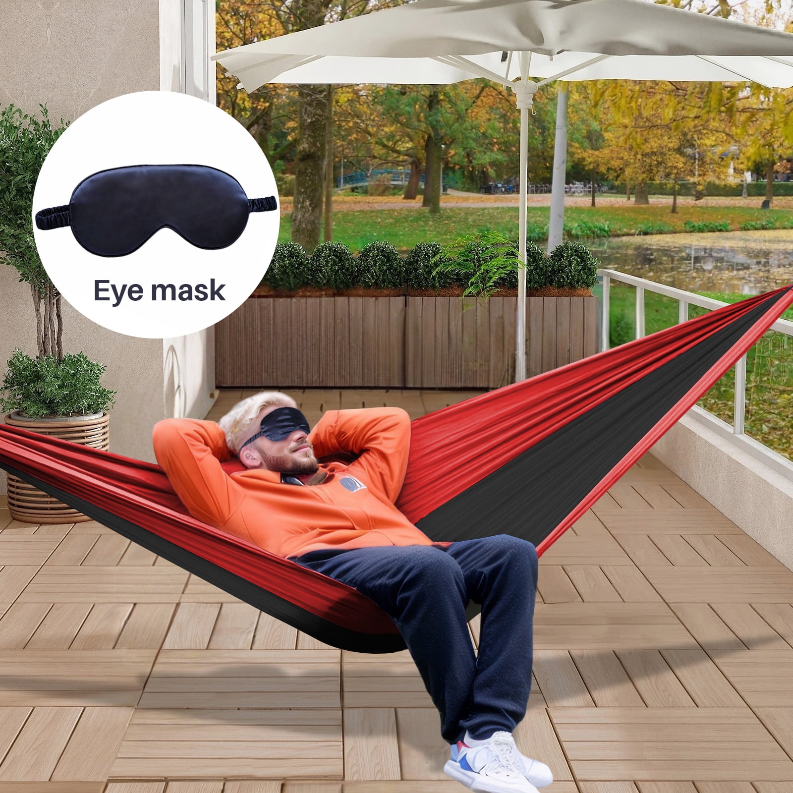 Topchances Camping Hammock, 210T Nylon Lightweight Single Hammock with 2 Tree Straps and Carry Bag, Great for Outdoor, Indoor Beach, Camping, Red & Black