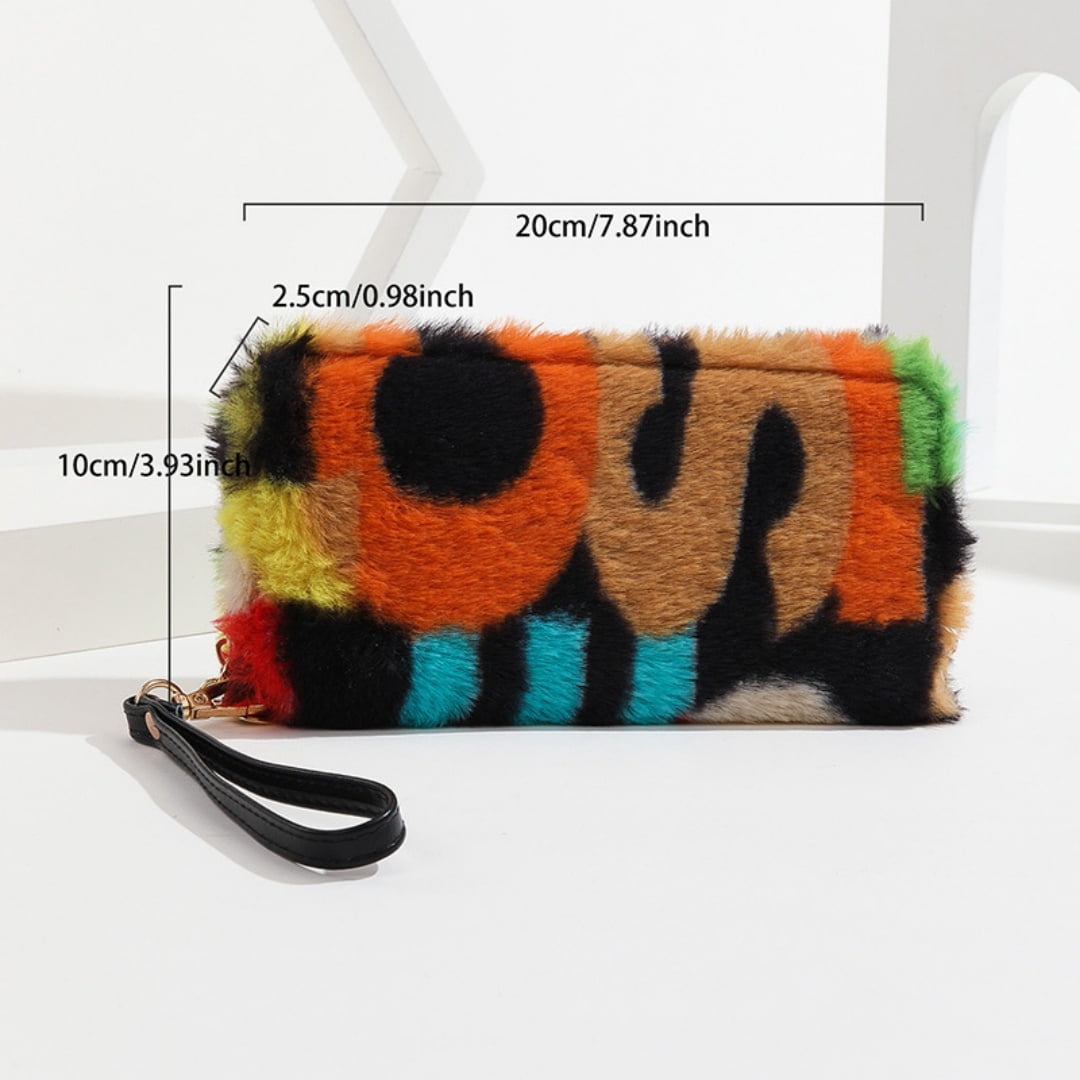 Colorful Abstract Print Fluffy Long Wallet Fuzzy Plush Wristlet Clutch Bag