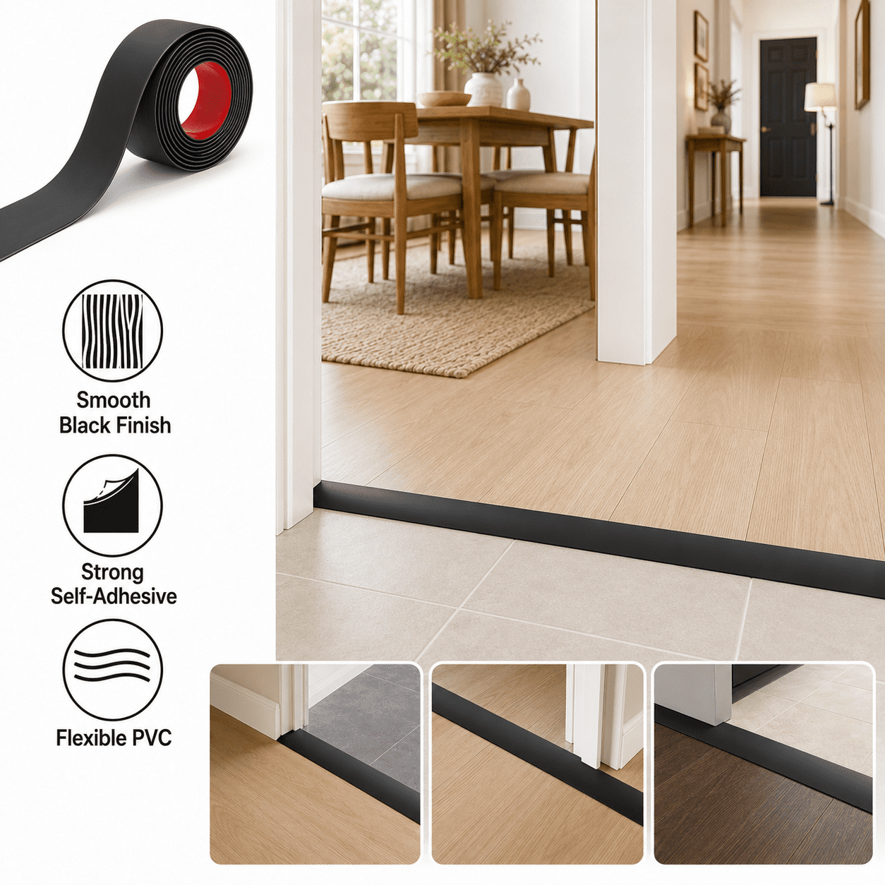 Yeslife 1 pc Self Adhesive Floor Transition Strip, 10 ft x 1.57 in, Black Vinyl, Flexible Waterproof Gap Cover for Laminate, Tile and Carpet Flooring