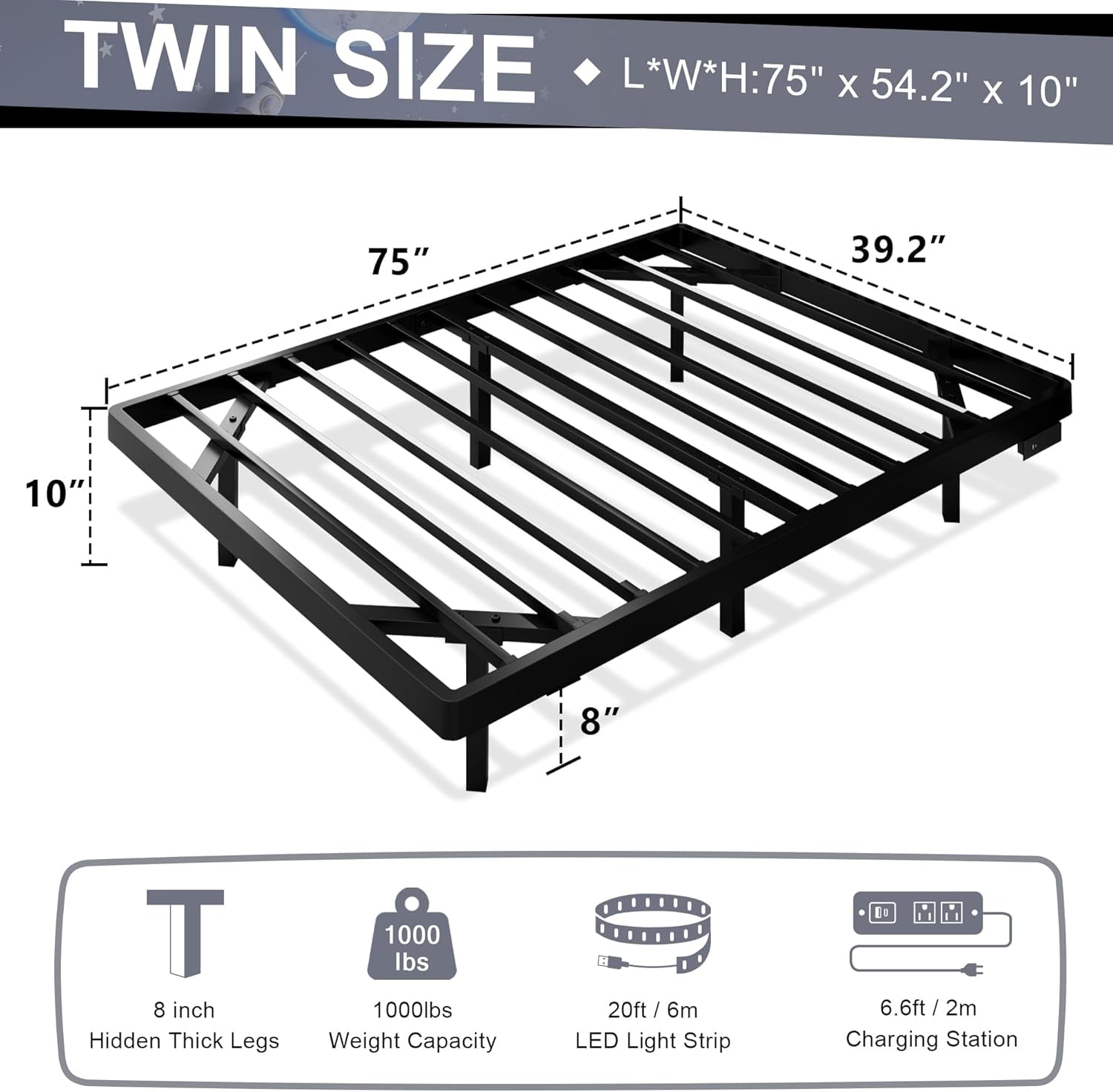 Honfach Twin Size Floating Bed Frame with Led Lights and Charging Station, Metal Bed Frame with Heavy Duty Steel Slats Supports,Black