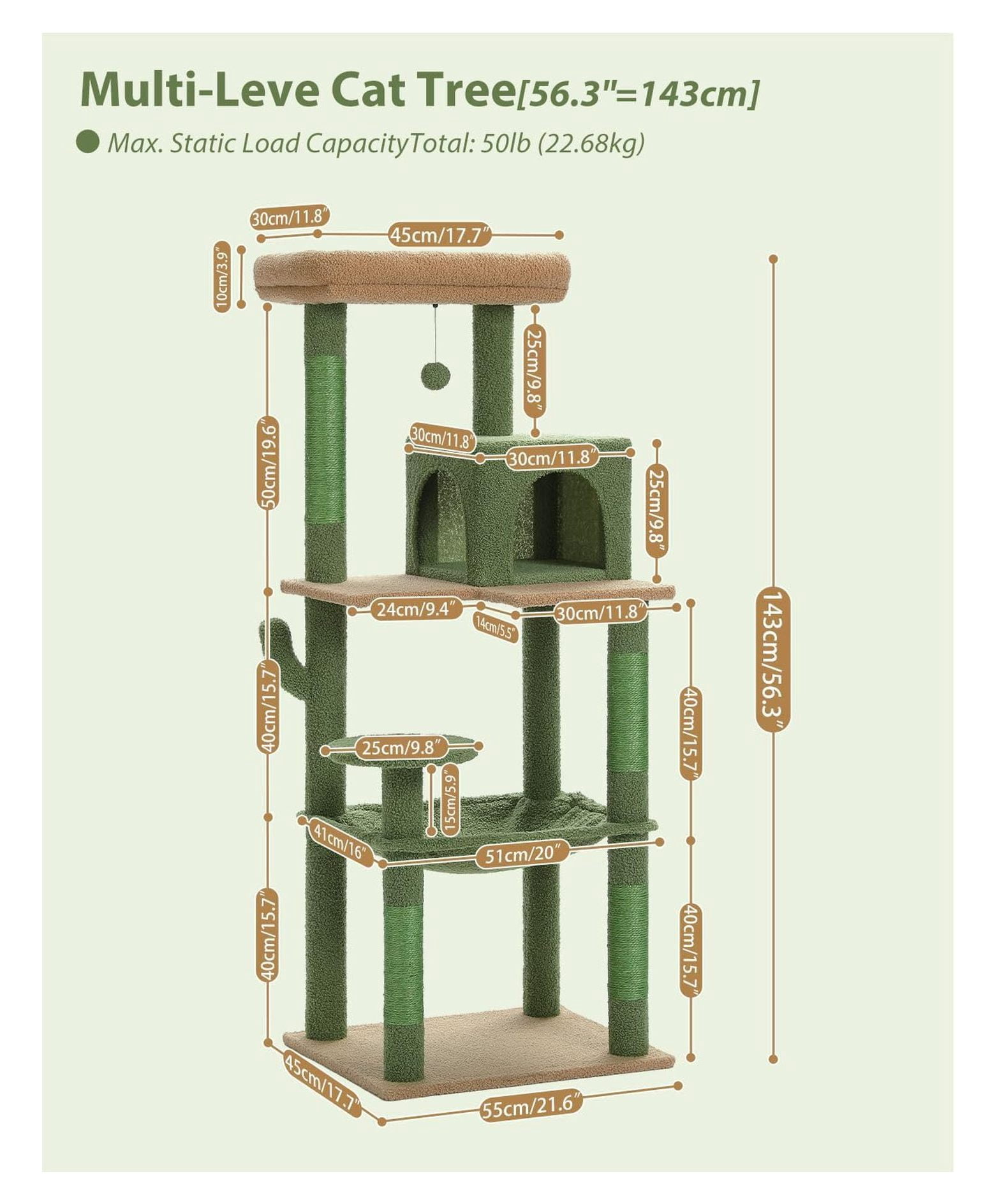 Cactus Cat Tree for Large Cats, 56.3" Cat Tower with Hammock