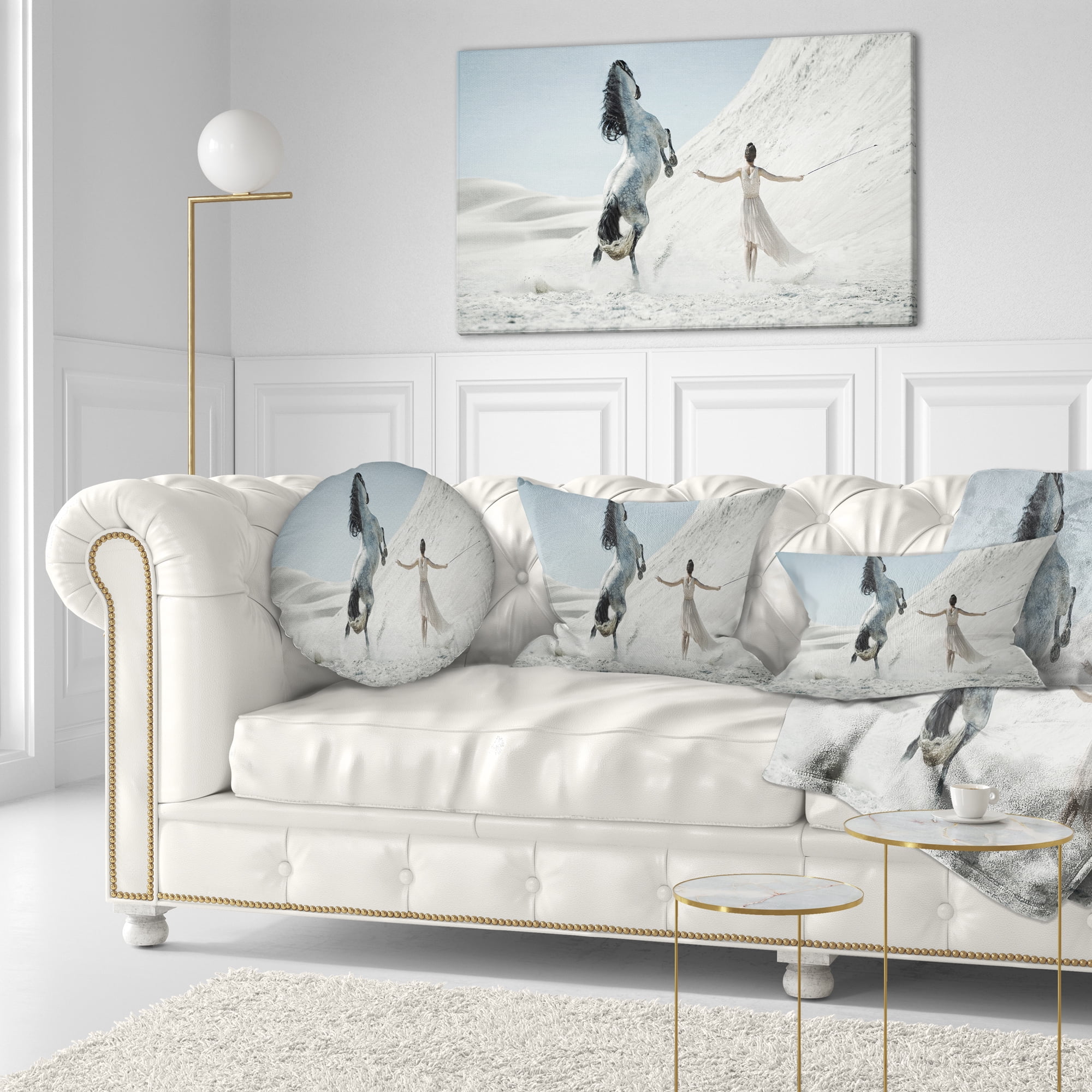 Designart Huge Horse and Lady on Desert - Animal Throw Pillow - 12x20