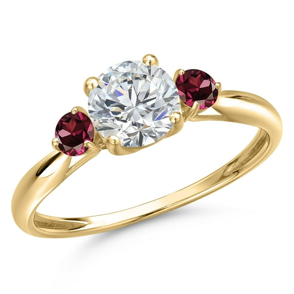 Gem Stone King 10K Yellow Gold Lab Grown Diamond and Red Rhodolite Garnet 3-Stone Ring for Women | 0.98 Cttw | Round 6MM | Gemstone April Birthstone | Size 9