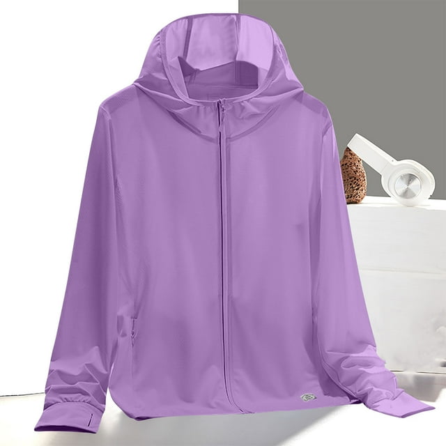 WRKEKC Summer Reflective UPF 50+ Hooded Jacket Lightweight Breathable Solid Color Night Running Essential for Women Purple M