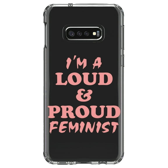DistinctInk Clear Shockproof Hybrid Case for Samsung Galaxy S10e (5.8" Screen) - TPU Bumper Acrylic Back Tempered Glass Screen Protector - I'm a Loud & Proud Feminist