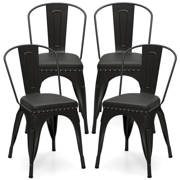 Costway Stackable Metal Dining Chairs Set of 4 w/ Backrest & PU Leather Padded Seat Black