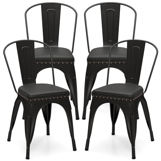 Costway Stackable Metal Dining Chairs Set of 4 w/ Backrest & PU Leather Padded Seat Black