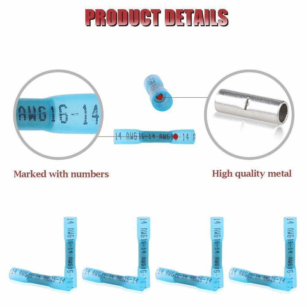 500Pcs Heat Shrink Waterproof Wire Connectors Blue 14-16AWG Butt Seal Terminals