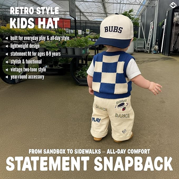 Funky Junque Kids Trucker Hat Baseball Cap - Two Tone Vintage Baby Baseball Cap, Infant Baseball Hat, Toddler Snapback Hat - Bubs - Navy/Beige (X-Small - 0-12 Months)