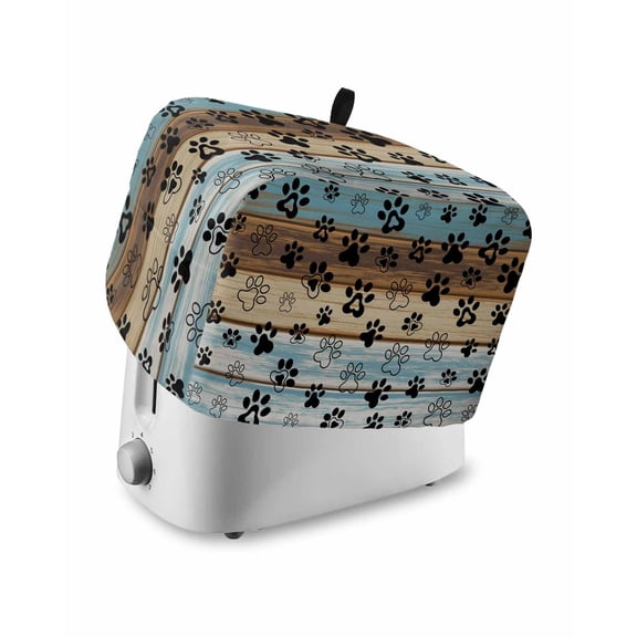Cute Dog Claws Toaster Cover 2 Slice, Small Kitchen Appliance Covers, Farmhouse Blue Wooden Puppy Pawprints Toaster Oven Cover with Loop, Bread Machine Cover Polyester Dust Cover Protection