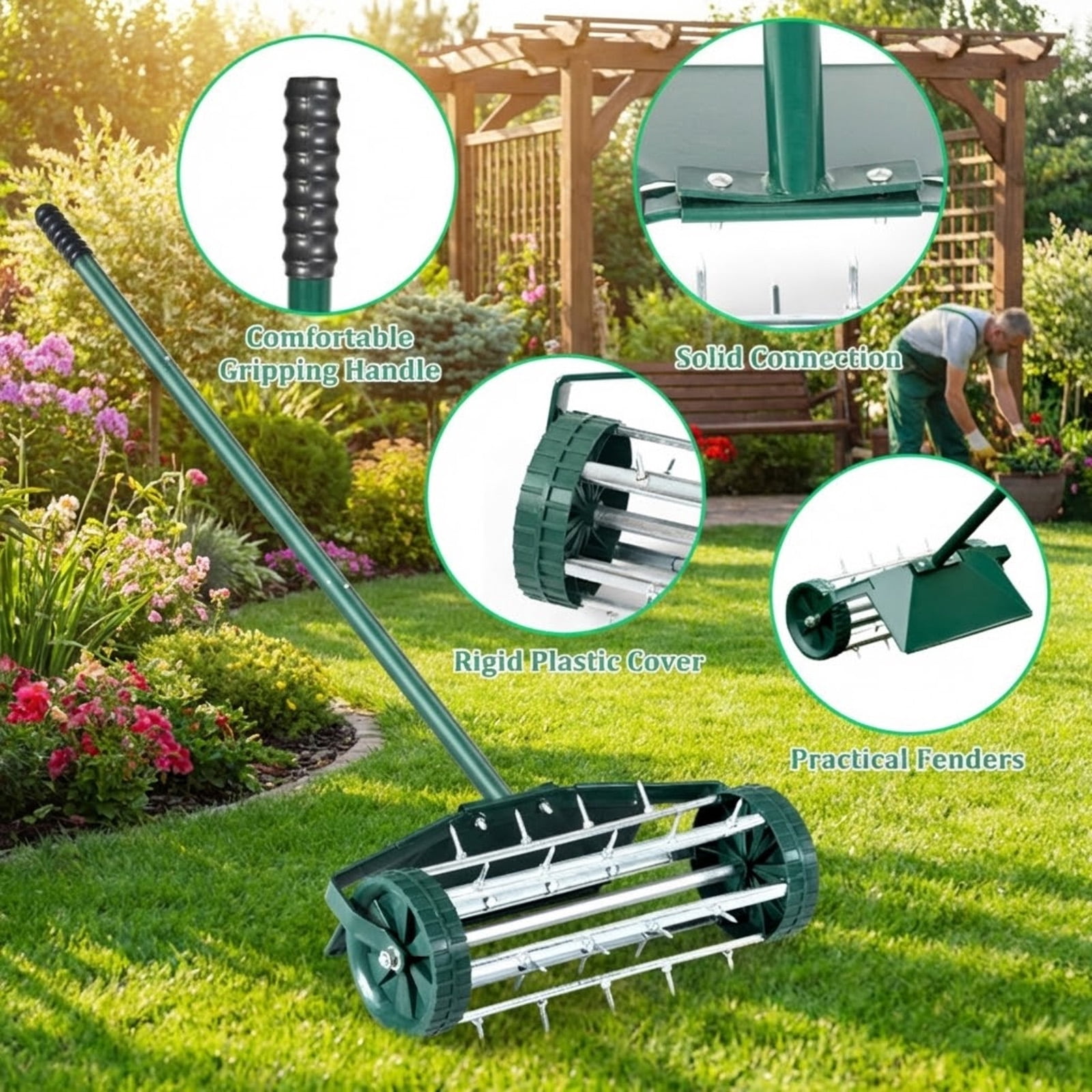 Biotree 18 Inch Rolling Lawn Aerator with Splash-Proof Fender for Garden Dark green, silver - Outdoor Lawn Yard Garden Care Tool