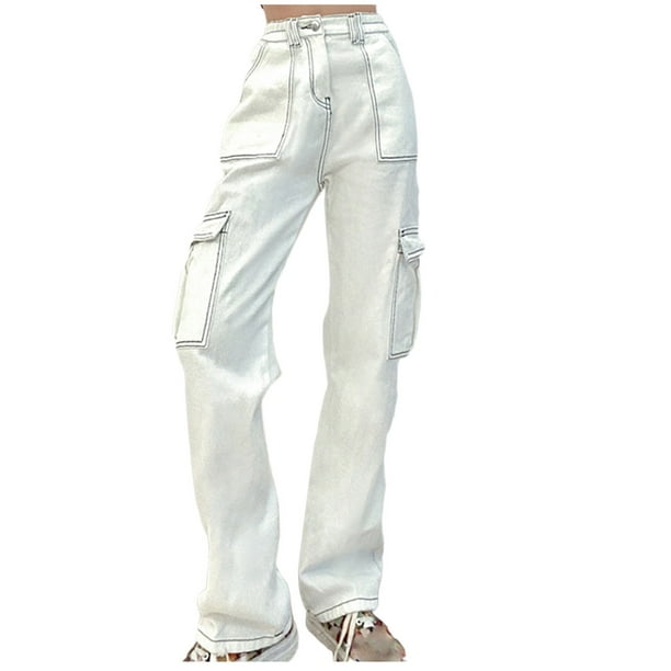 Women's High Waisted Cargo Jeans Flap Pocket Baggy Y2k Wide Leg Denim ...