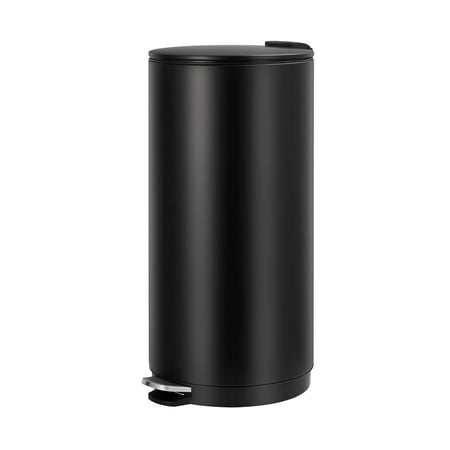 8 Gal/30L Round Trash Can Stainless Steel Step-on Garbage Bin with Soft-Close Lid Metal Waste Basket Garbage Can with Removable Inner Bucket for Kitchen Office Bathroom Black