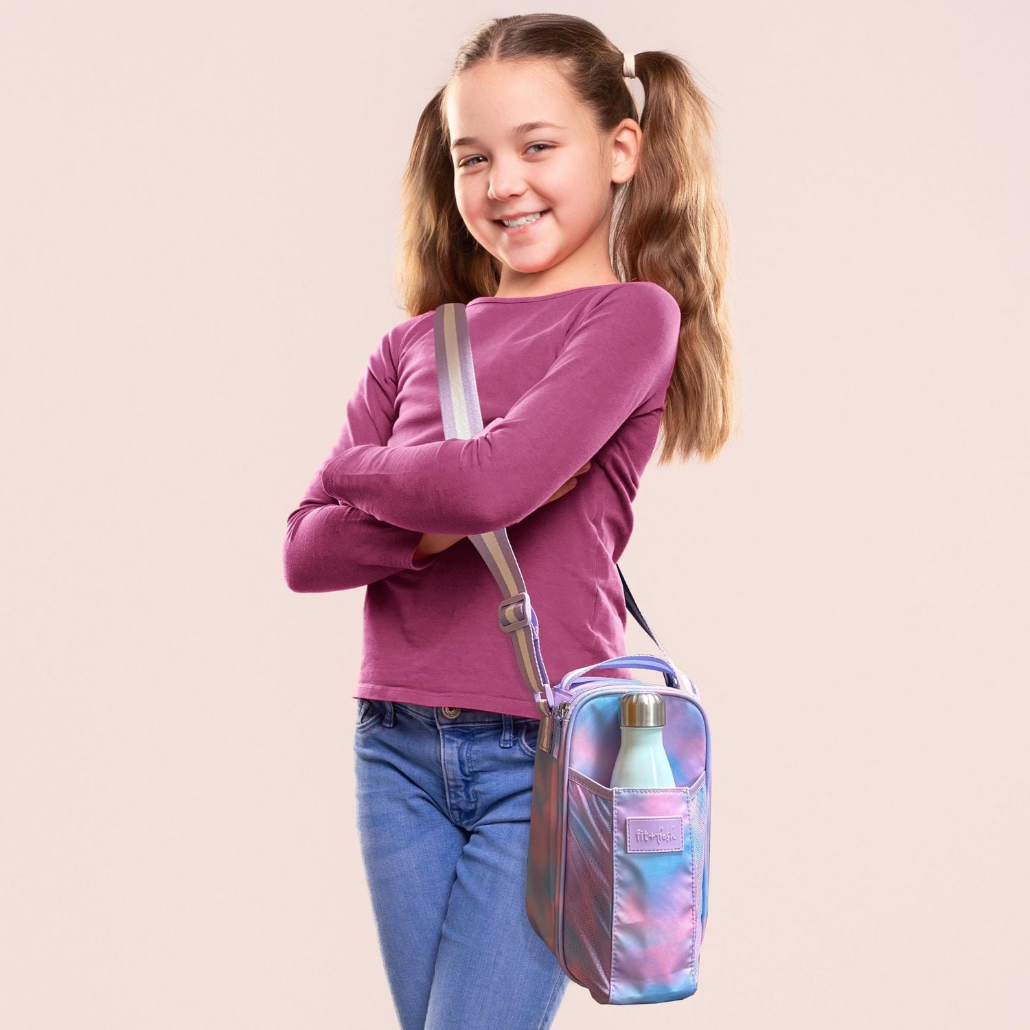 Fit + Fresh Nina Water Bottle Carrier with Insulated Compartment, Fits 40oz Tumbler, Purple Tie Dye